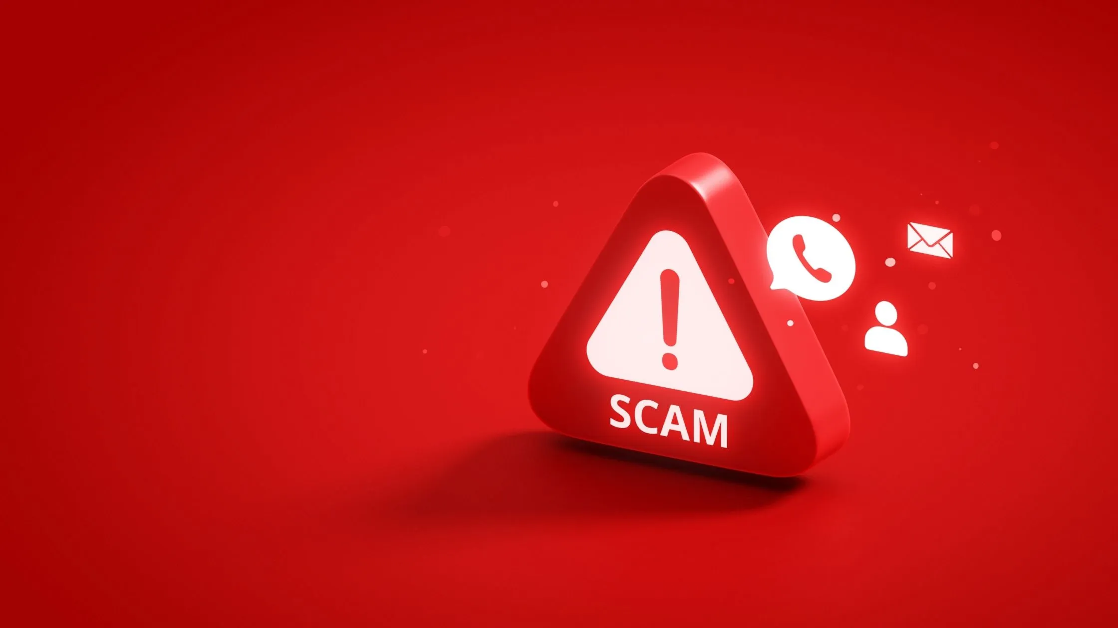 Výstražný symbol „SCAM“ znázorňuje riziko podvodných praktik při přesunu komunikace a plateb mimo platformu.